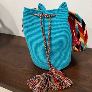 Wayuu Tribe Turquoise Bucket Bag with Multicolor Strap